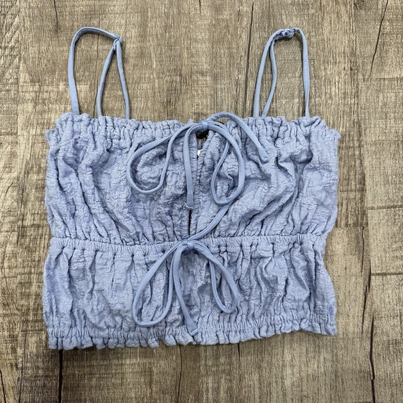 Garage Tops - Garage Women's Crop Top P/S Blue Crunch Knit Tie Front Cami Smocked NWT